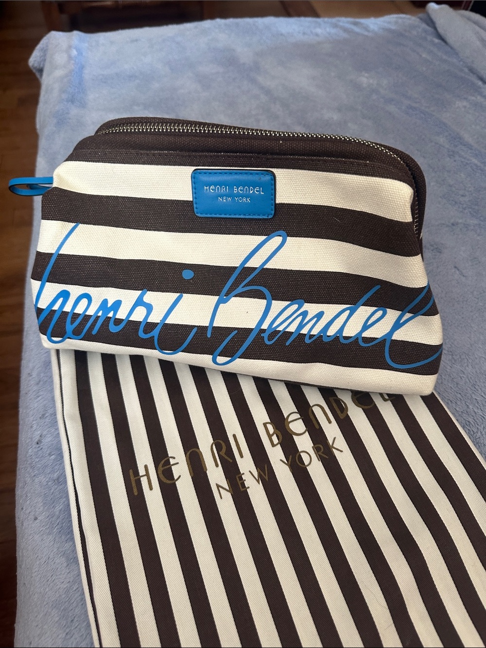 henri bendel Black and White Striped Cosmetic Bag with Blue Logo